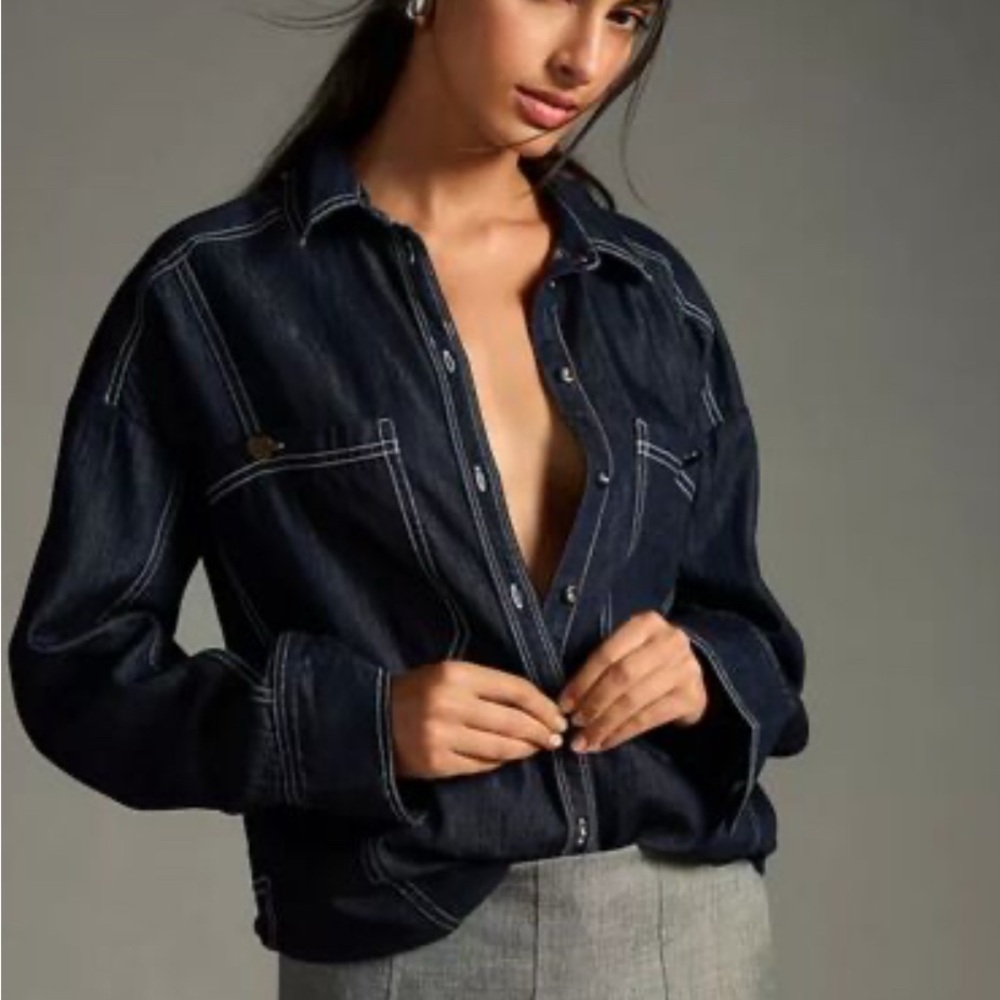 Anthropologie Dark Navy Button-Down Shirt with Contrast White Stitching - Picture 2 of 10